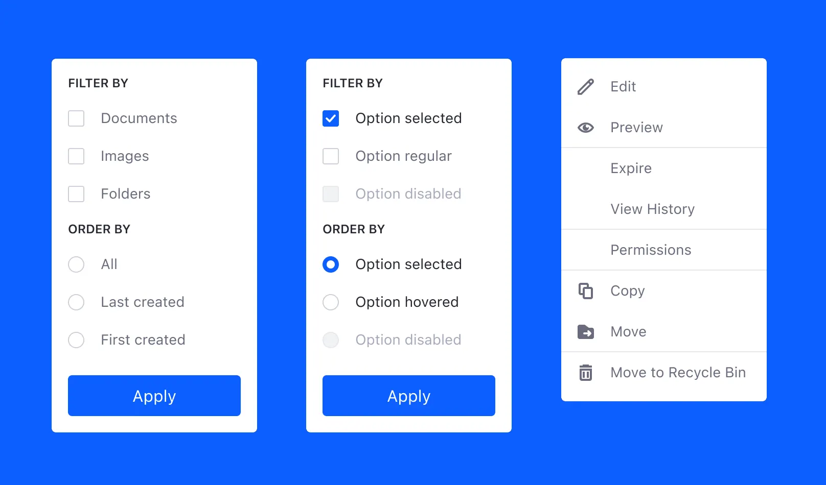 drop-down menus with check boxes and radio buttons